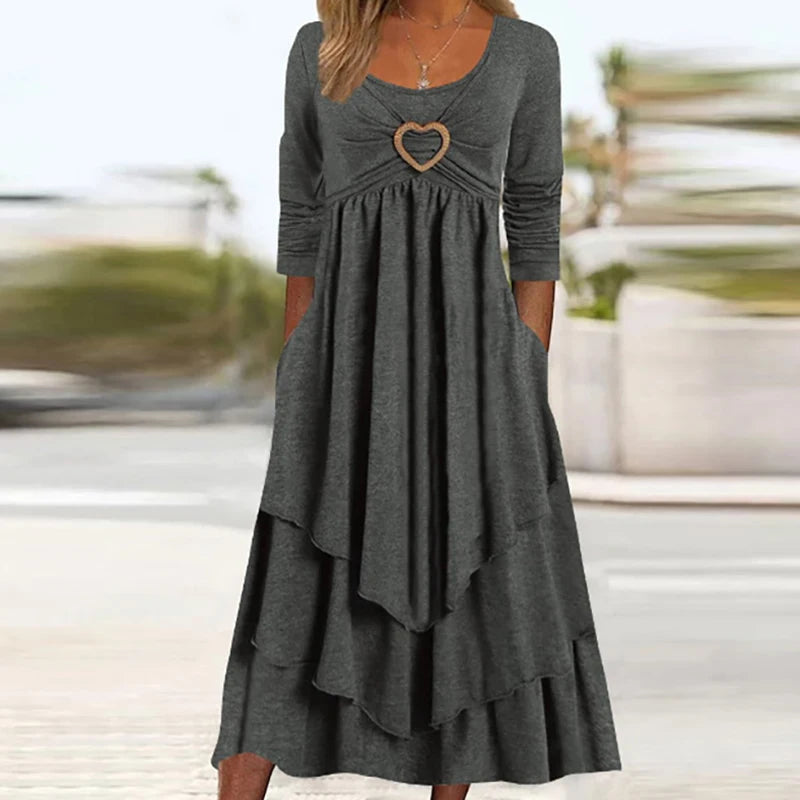 Long Sleeve Patchwork Midi Dress With Pockets for Women