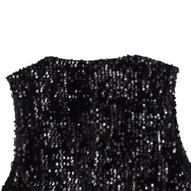 V Neck Single Breasted Sequin Sleeveless Waistcoat for Women