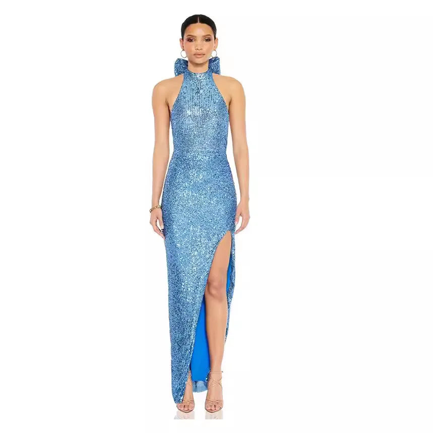 Glitter Sequin Bow Halter Elegant Maxi Dress for Women