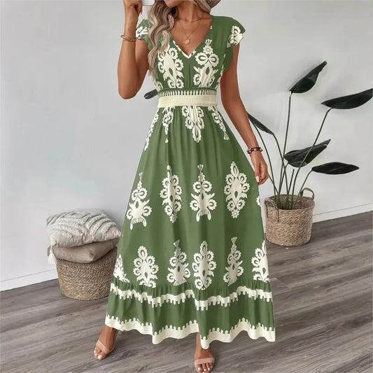 Beach Print V Neck Midi Dress