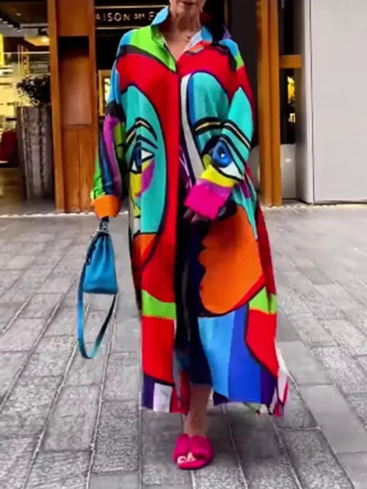 Women's Autumn Shirt Outwear Stylish Abstract Printed Long Sleeve 2025 New Loose Single Breasted Casual Long Jackets