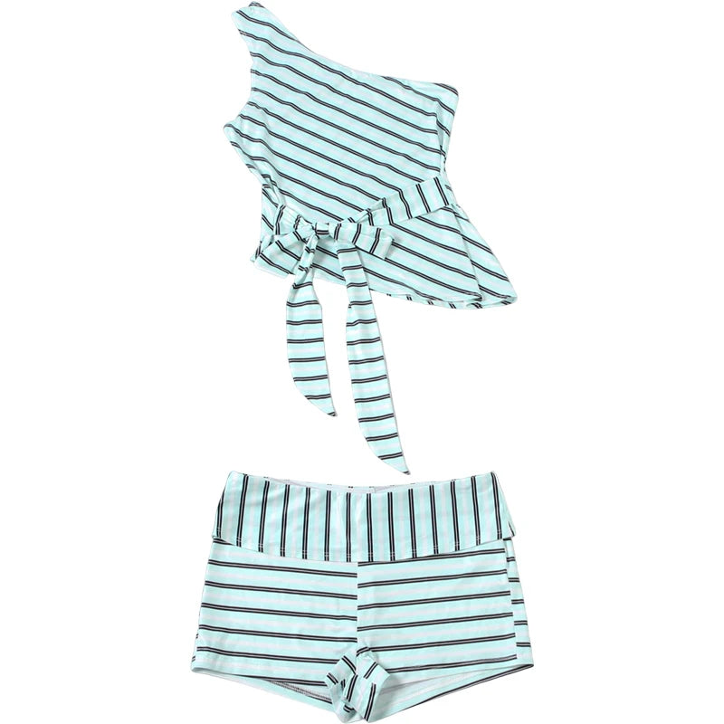 Striped Patchwork Two Piece Set With Skew Collar And Bike Shorts for Women