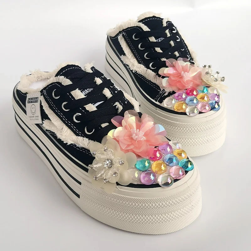 Shiny Sequined Pearl Stud Canvas Slippers for Women