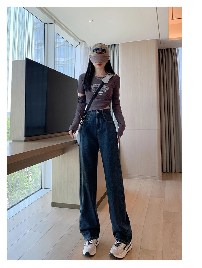 High Waist Casual Wide Leg Straight Jeans for Women