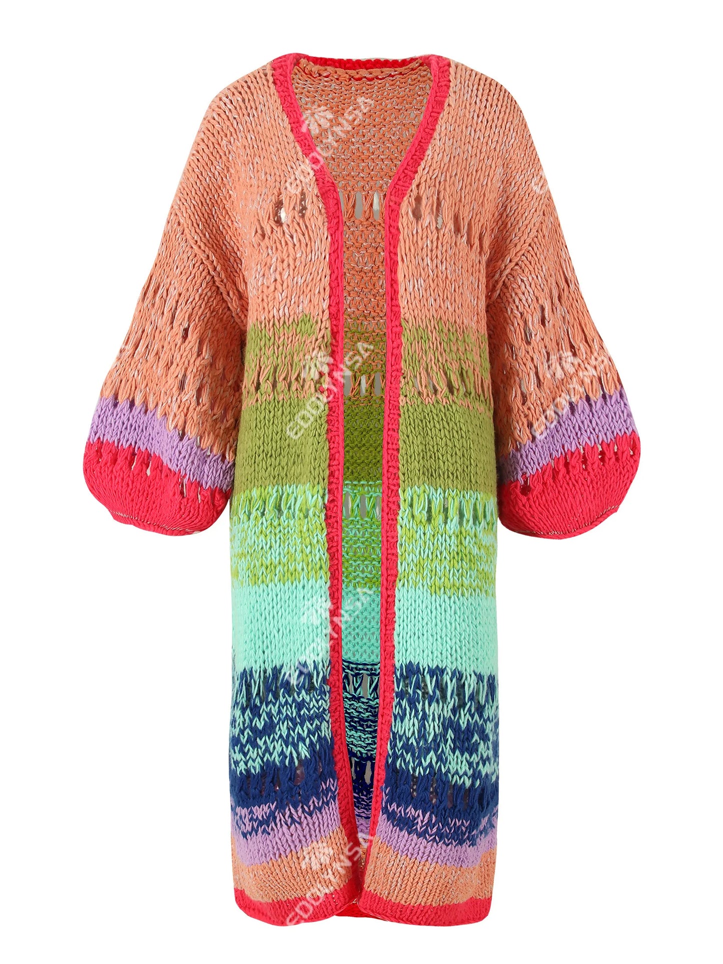 Boho Colorful Luxuriously Handknit Bell Sleeve Crochet Loose Kimono Cardigan 2024 Women Fall Winter Coat Beach Coverup Dress K12