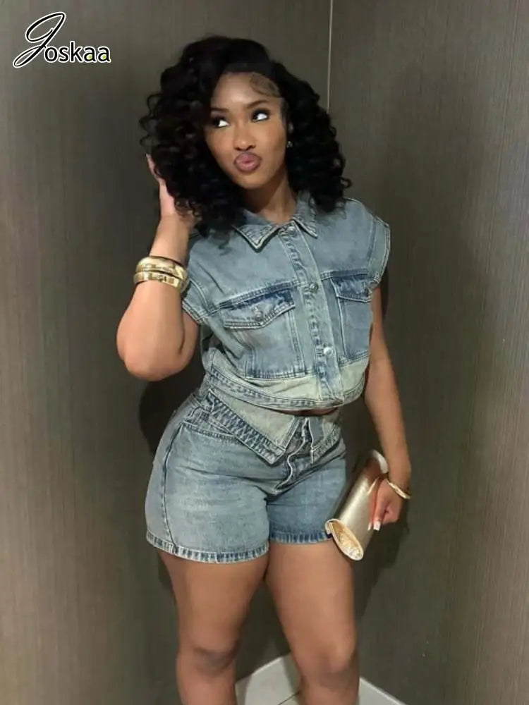 Joskaa Patchwork Stretch Denim 2 Piece Sets Women Lapel Button Pocket Tank Tops and Irregular Shorts Matching 2025 Streetwear