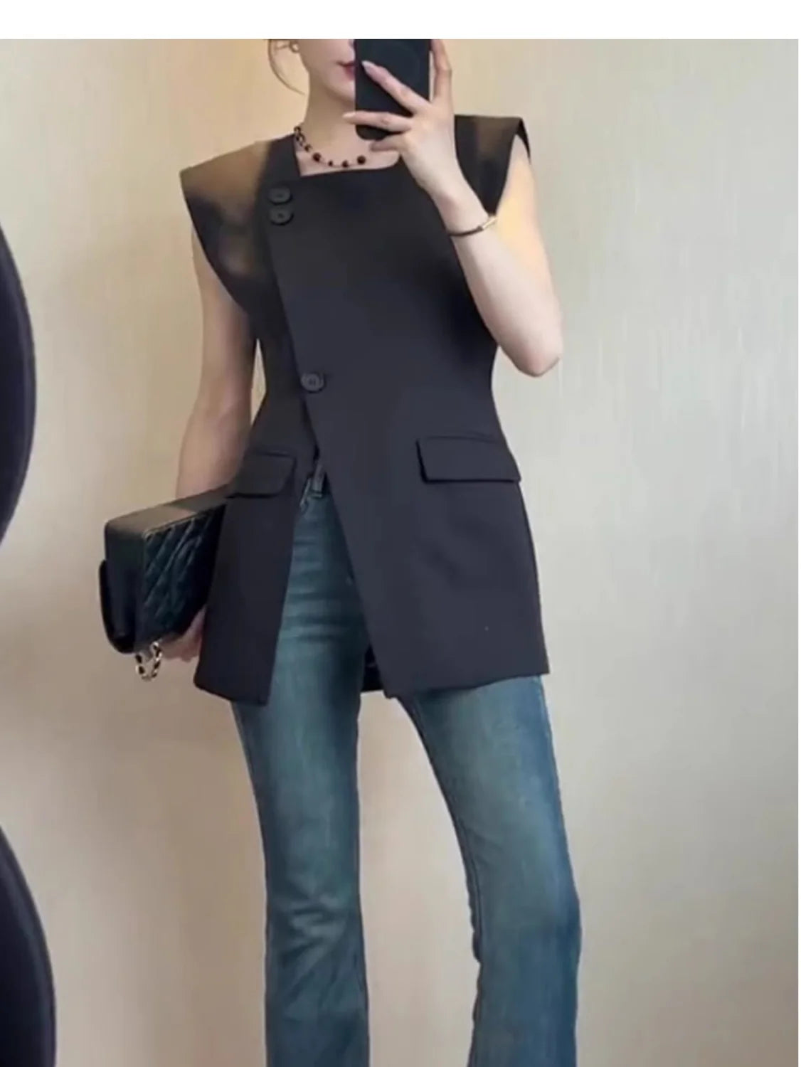 Black Button Front Split Sleeveless Vest For Women