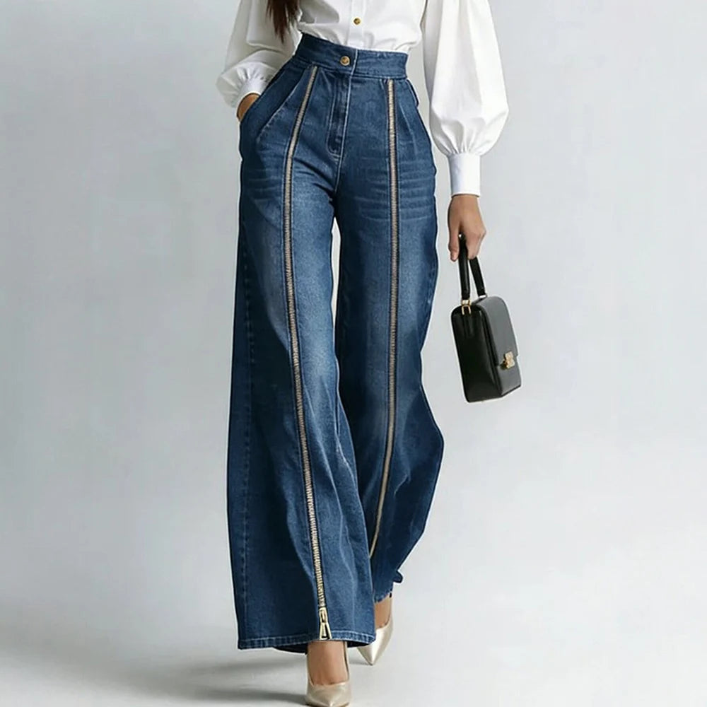 Vintage High Waist Wide Leg Flared Denim Jeans For Women