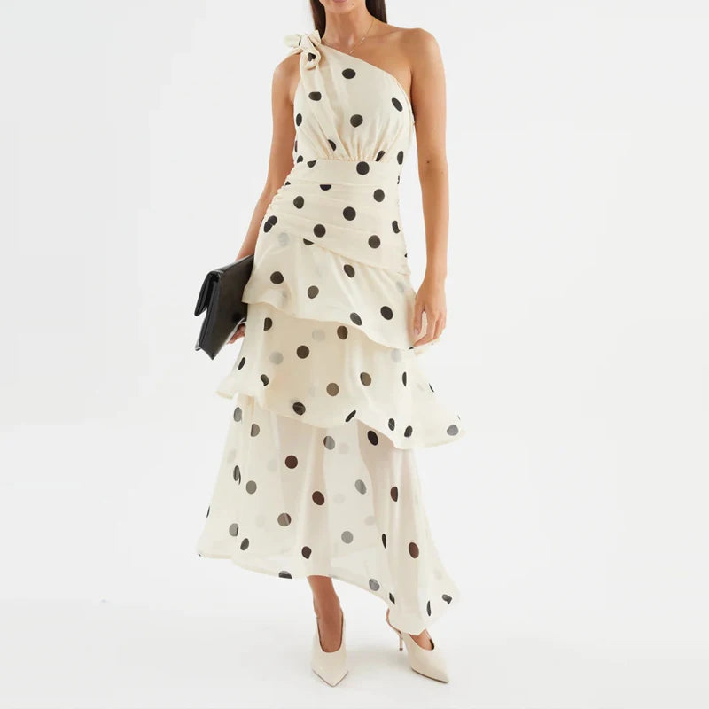 Elegant Polka Dot Ruffle Draped Maxi Dress for Women
