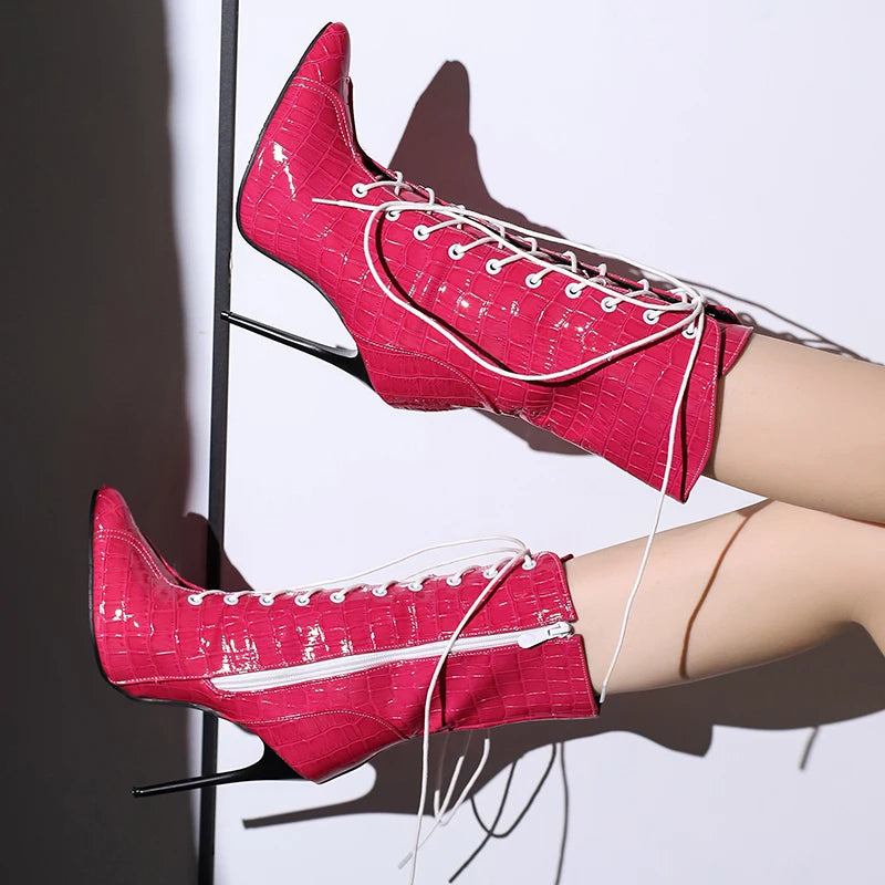 Alligator Pattern Lace Up Stiletto Ankle Boots for Women