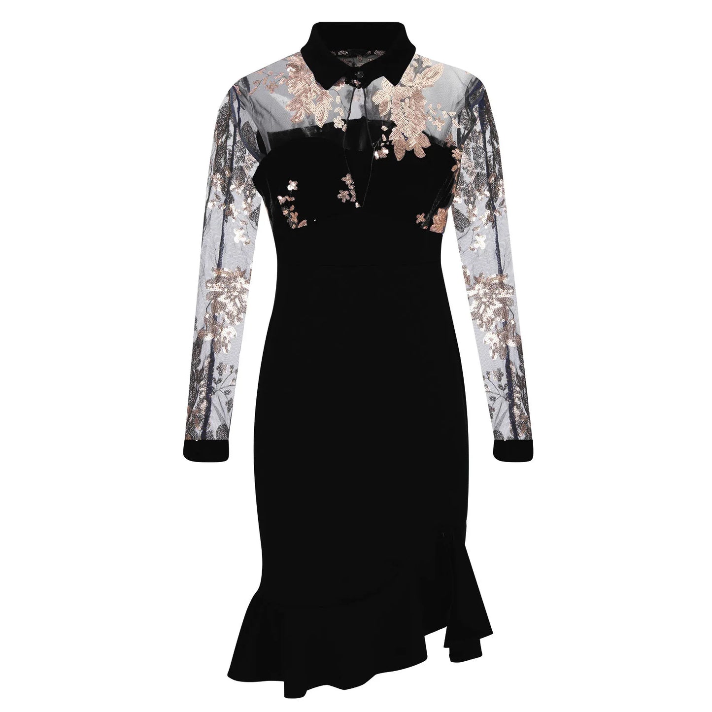 Women Sexy See-Through Mesh Dress Patchwork Ruffles Floral Dress Long Sleeve Party Slim Dress Elegent Daily Wear