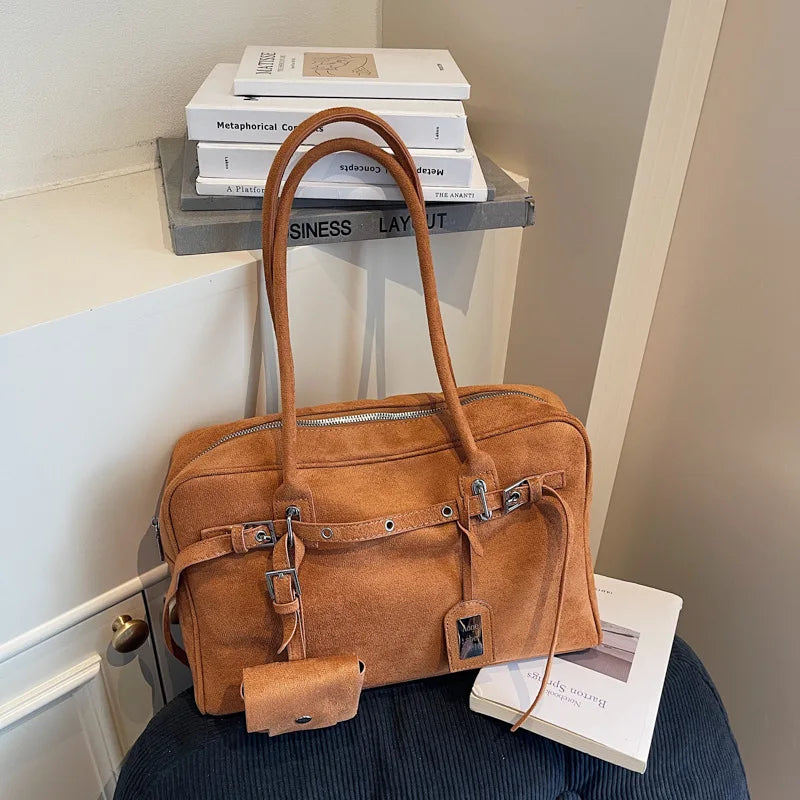 Retro Suede Square Handbag Fashion Versatile High-quality Texture Underarm Bag Exquisite Hardware Design Work Commute Tote Bag