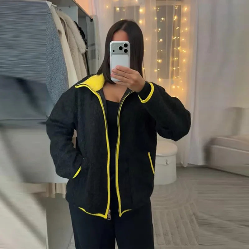 Fuzz Yellow Contrast Long Sleeve With Zipper Coat for Women