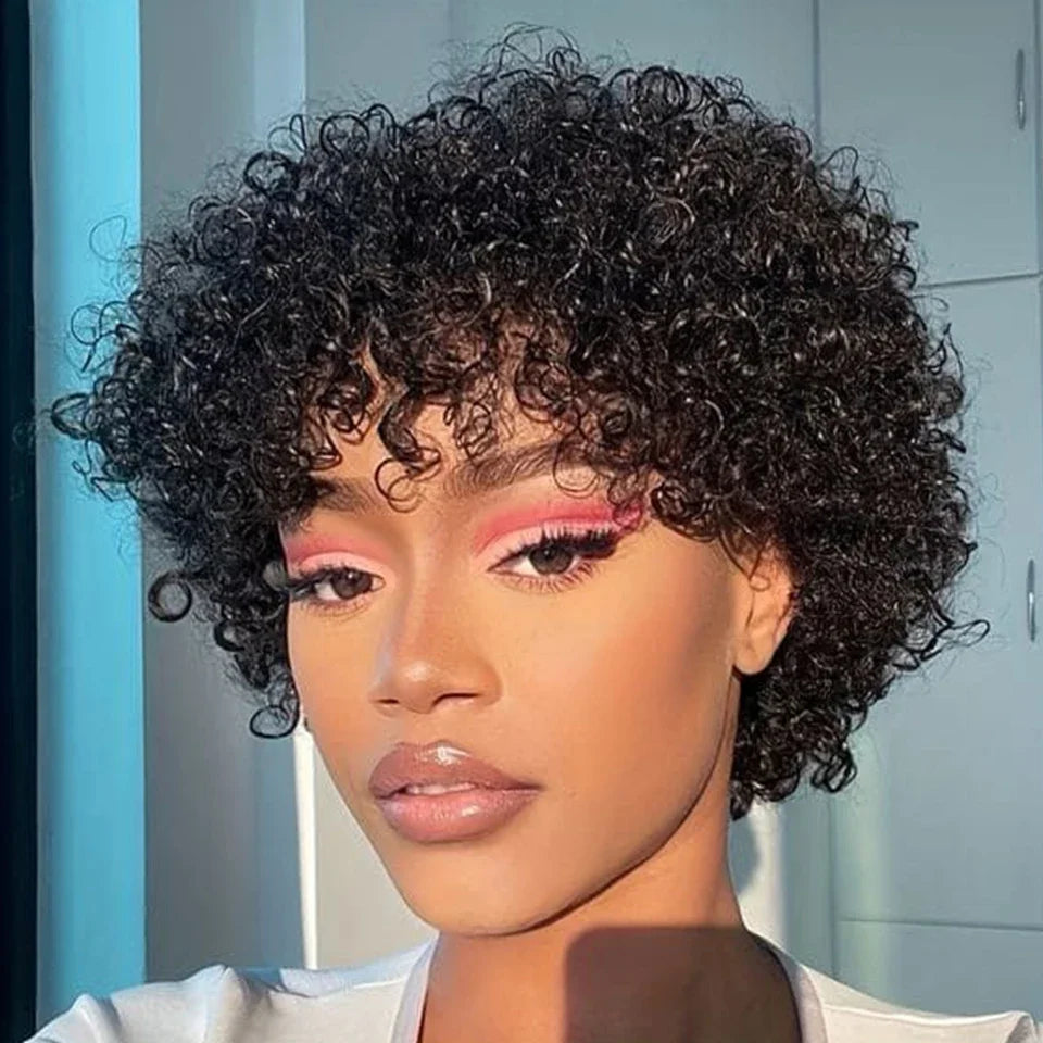 Short Kinky Curly Pixie Bob Human Hair Wig for Women