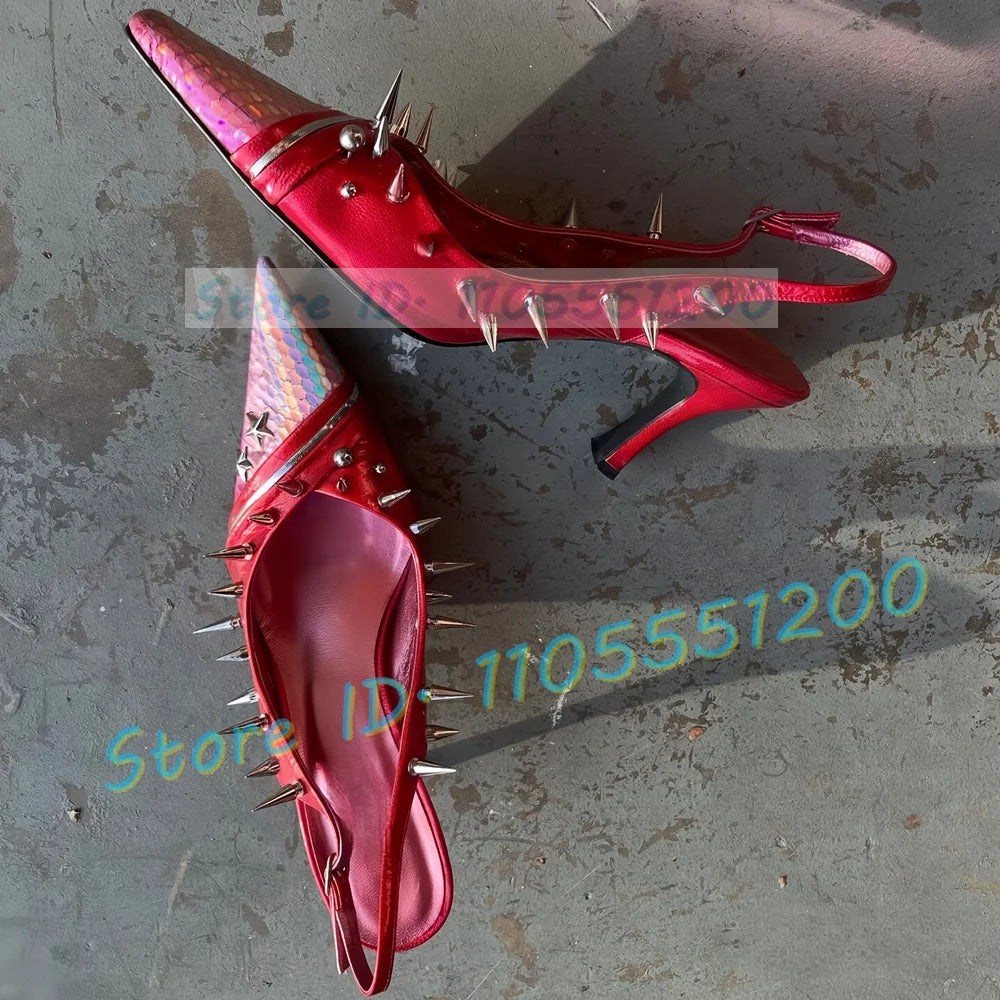 Colorful Fish Print Pointed Red Patent Leather Sandals for Women