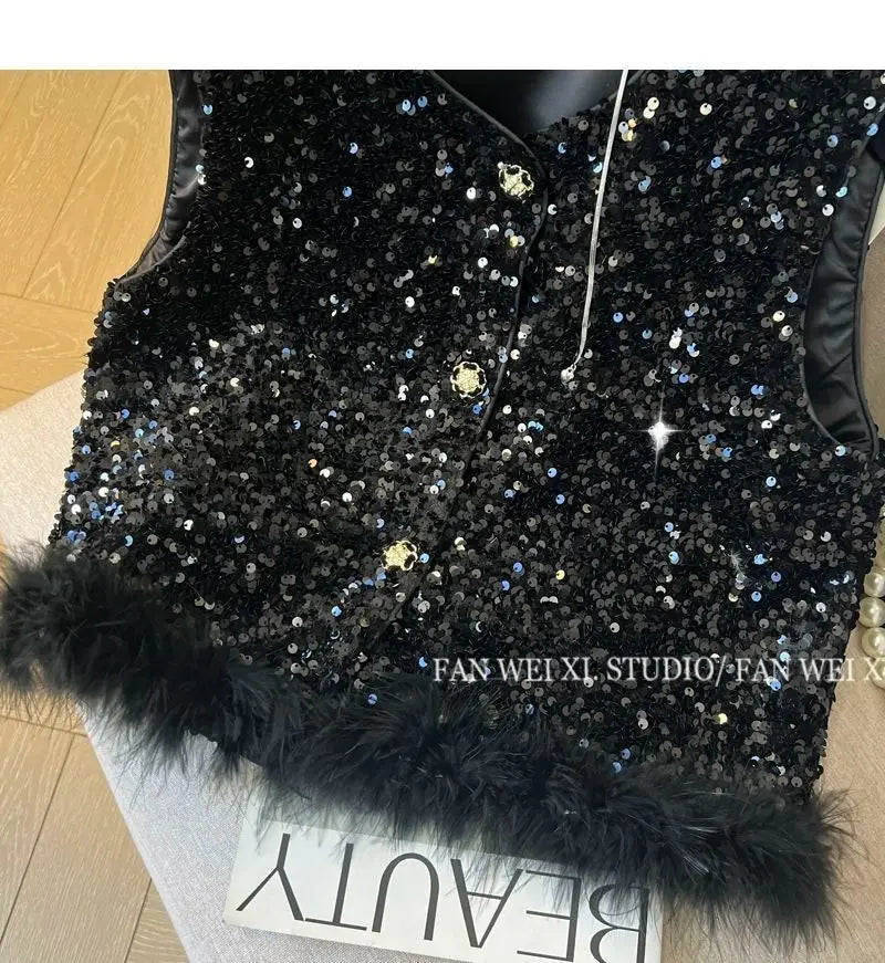 Elegant Retro Chinese Style Sequined Knit Vest for Women