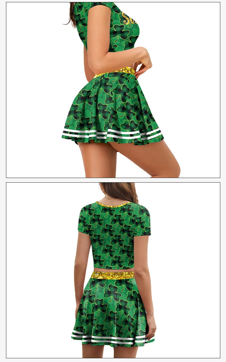Festive Irish Green Shamrock Plaid Knit Skirt Set for Women