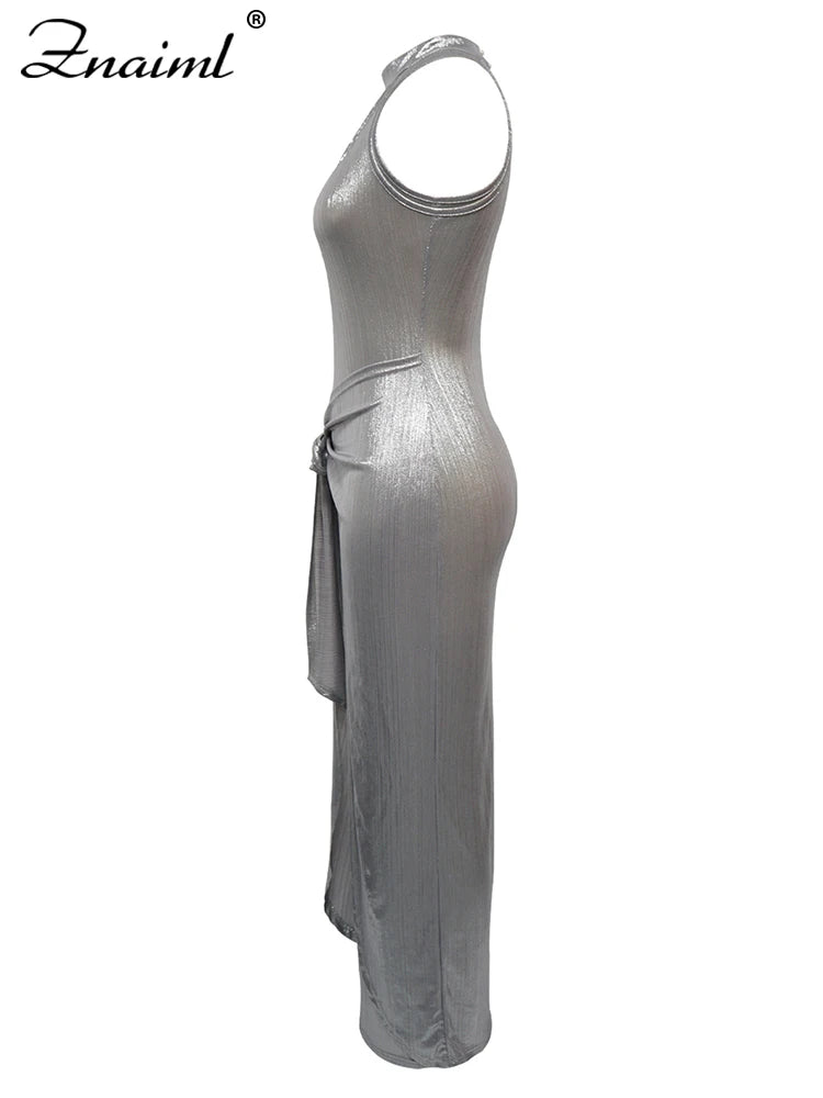 Znaiml Sexy Night Club Women Silver O-neck Sleeveless Bandage Belt Long Dress Elegant Birthday Party Evening Bodycon Vestidos