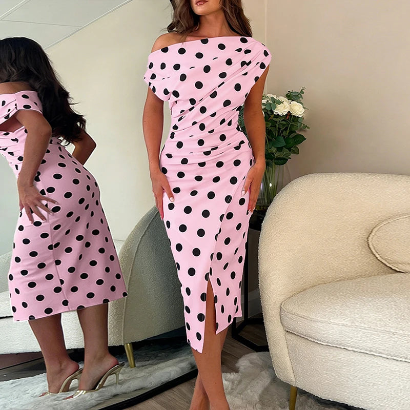 Polka Dot Pleated Off Shoulder Midi Dress for Women
