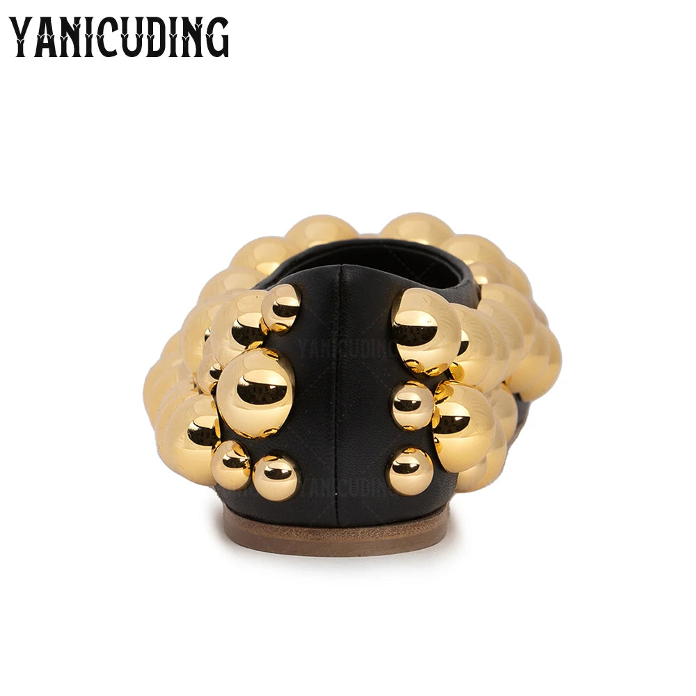 Metallic Stud Embellished Square Toe Ballet Flats for Women