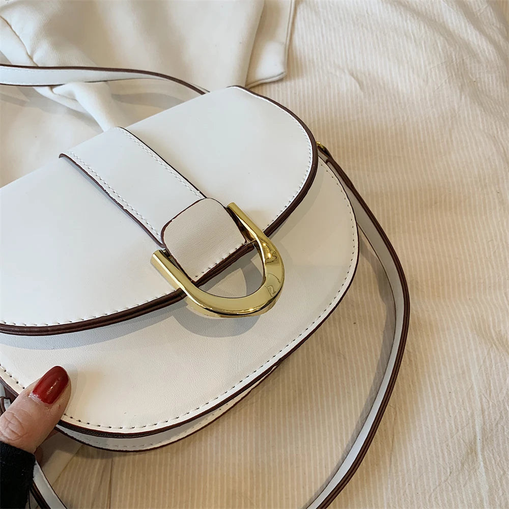 Solid Color Leather With Golden Hardware Saddle Shoulder Bag for Women