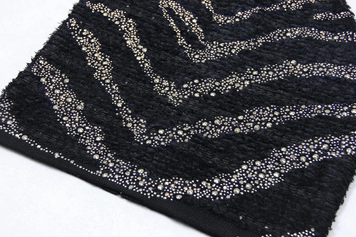 2025 Autumn New Heavy Knitted Hot Diamond Long-sleeved Jacket Sexy Vest + Skirt Set Light Luxury Party Women Three-piece Set