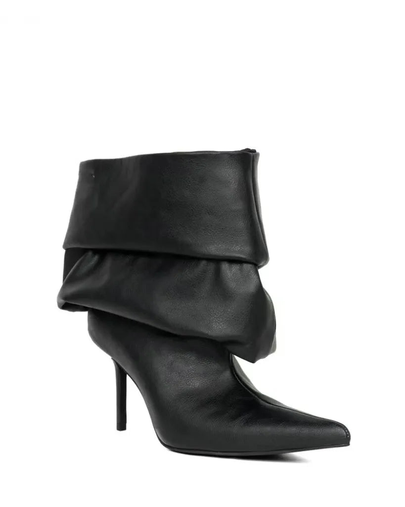 Pointed Toe Pleated Snakeskin Stiletto Mid-Calf Boots For Women
