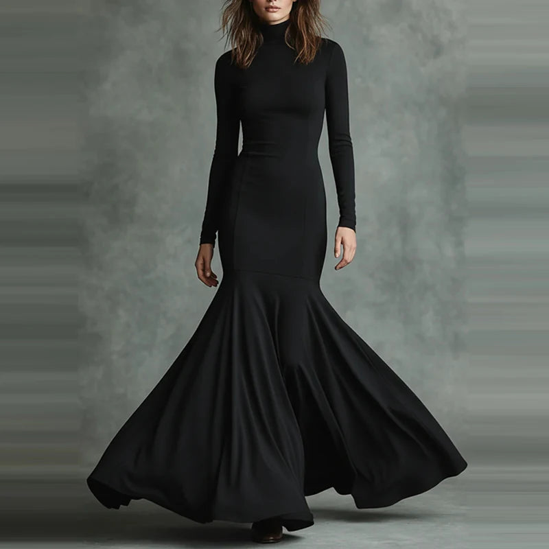 Casual Long Sleeve Women's Long Dresses Fashion Turtleneck Solid Fishtail Dress Elegant Hight Waist Pleated Slim Fit Party Dress