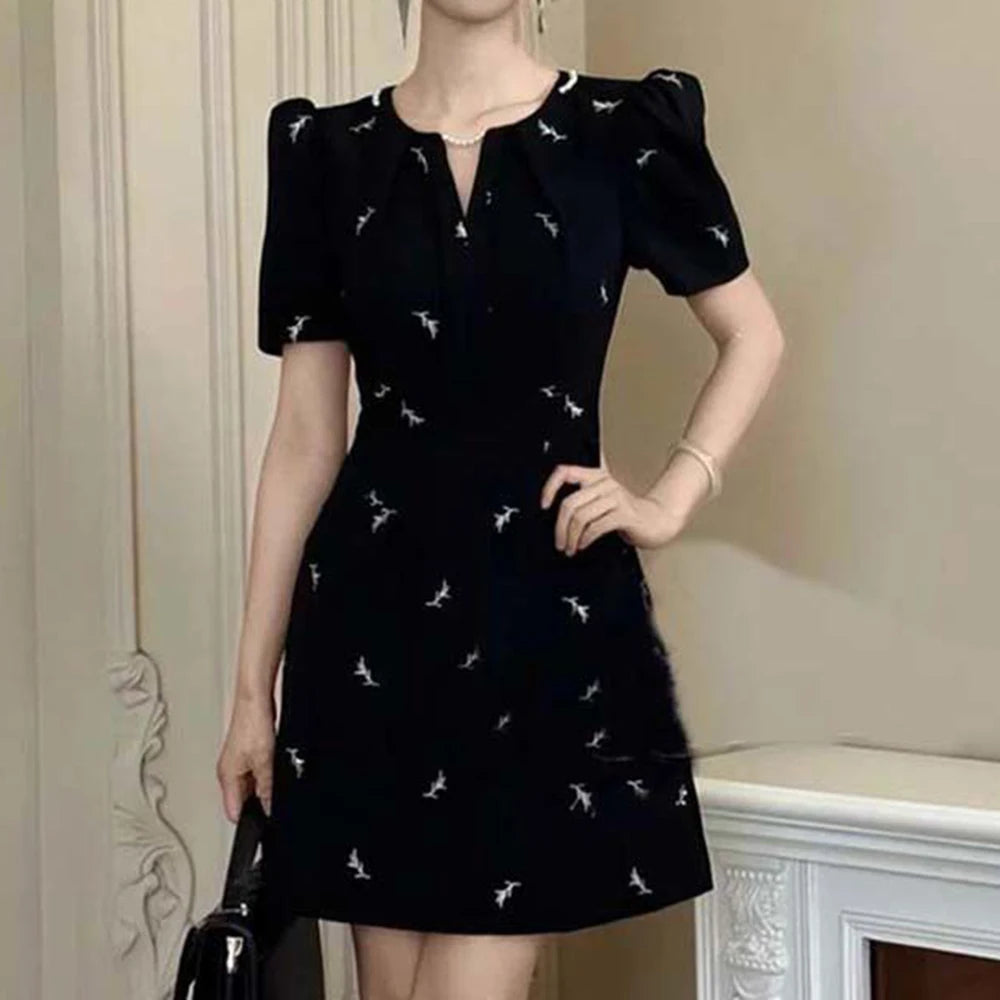 Hepburn Style Knee-Length Black A-Line Dress for Women