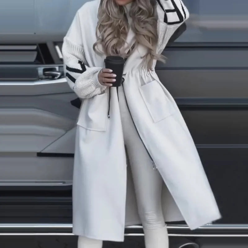 New Hooded Long Sleeve Cardigan Coat, Women Autumn Winter Simple Patchwork Zipper Jackets, Casual Lace-Up Fashion Maxi Outerwear