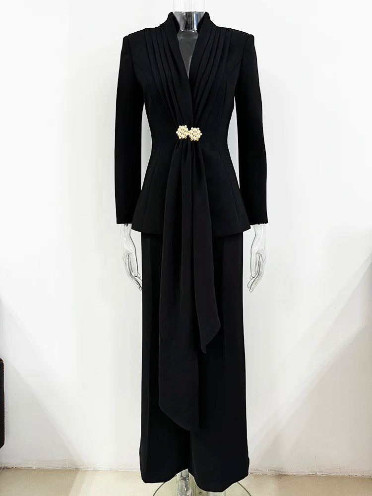 HIGH STEET Newest 2024 Designer Suit Set Women's Collarless Blazer Jacket Wide Leg Pants Suit 2pcs