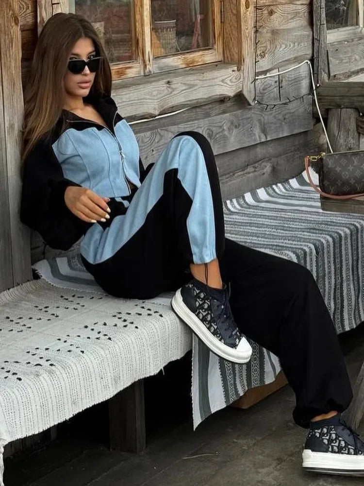 Fashion Patchwork Denim 2 Piece Sets Women Zip Hoodies Crop Top Wide Leg Sweatpants Suit Streetwear Casual Tracksuits Outfits