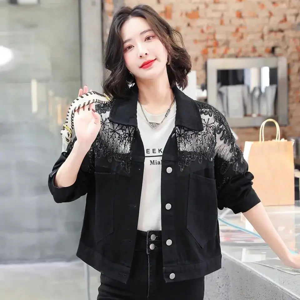 Mesh Sequined Denim Jacket for Women, Loose Coat and Stylish Top Trend for Spring 2025
