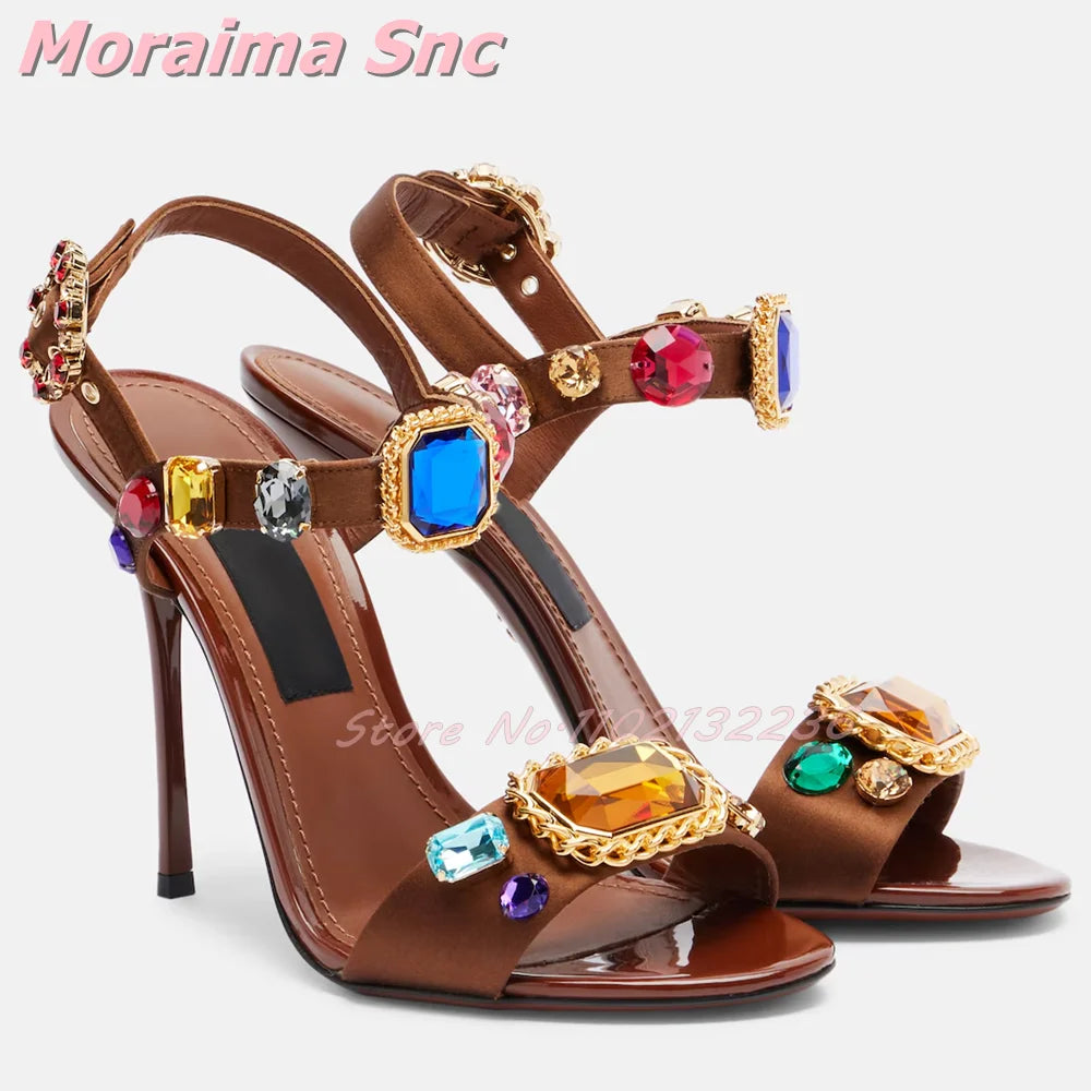 Elegant Satin Crystal Buckle Strap Square Heel Sandals for Women