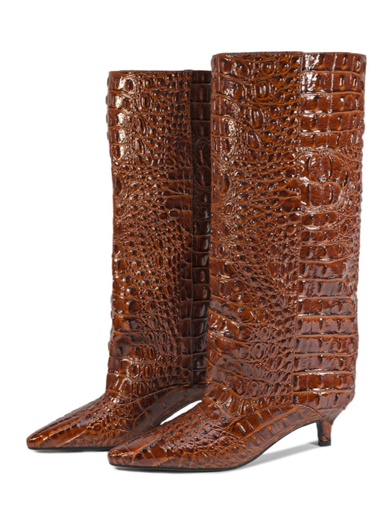 Crocodile Print Wide Shaft Kitten Heel Knee High Boots for Women