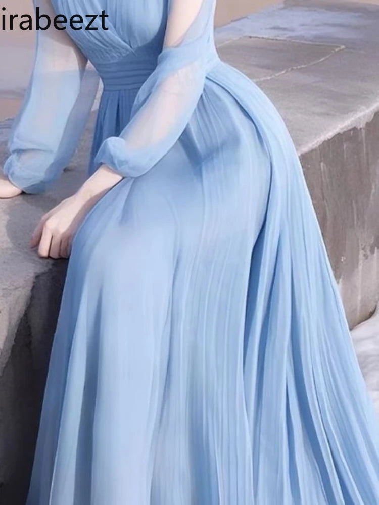 Elegant Blue Chiffon Ankle Length Flowing Dress For Women
