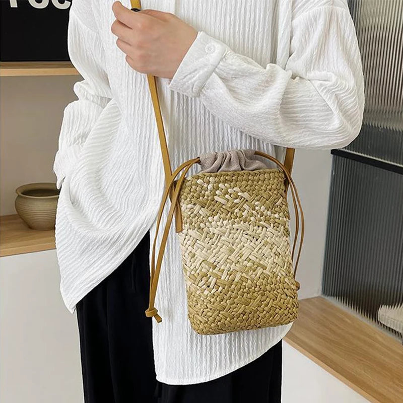 Brand Gradient Raffia Crossbody Bag Straw Drawstring Bohemian Summer Beach Travel Design Shoulder Bag Shop Basket Crossbody Bag