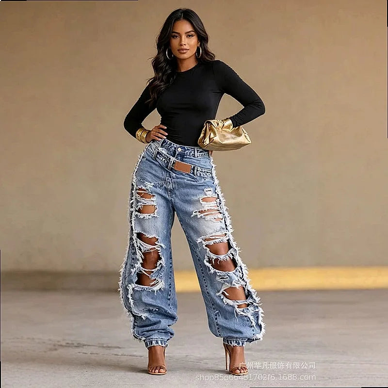 High Waist Ripped Frayed Denim Wide Leg Jeans for Women
