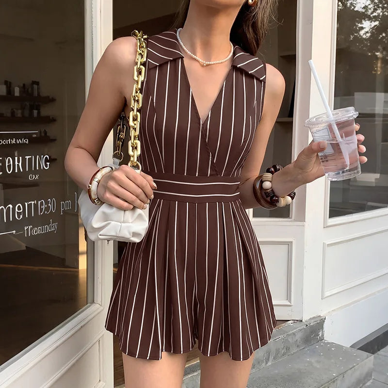 Striped Sleeveless Lapel V Neck High Waist Romper Shorts for Women