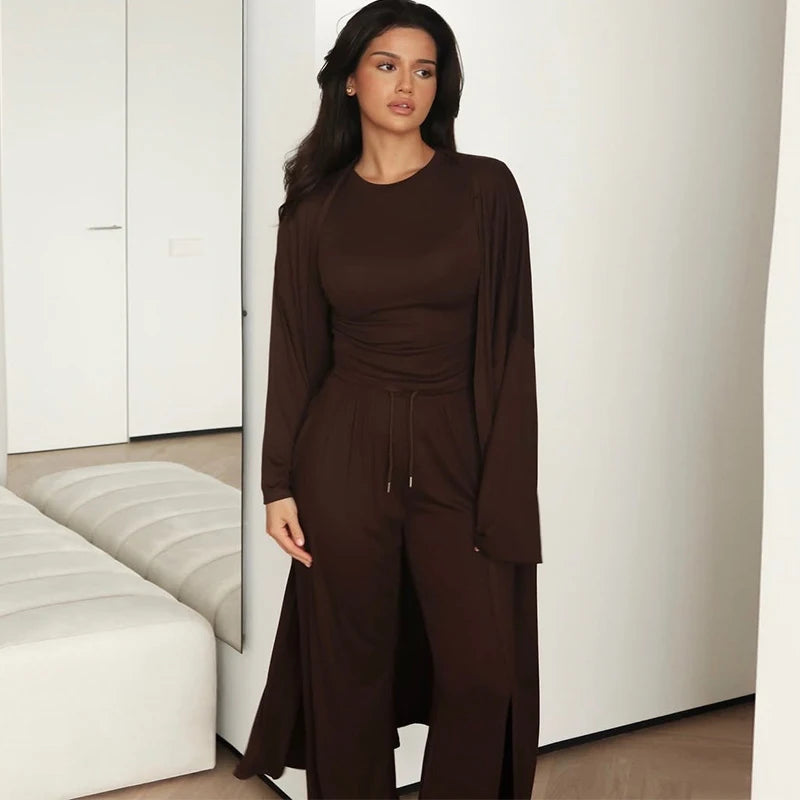 Casual Three Piece Shirt, Coat And Wide Leg Pants Set for Women