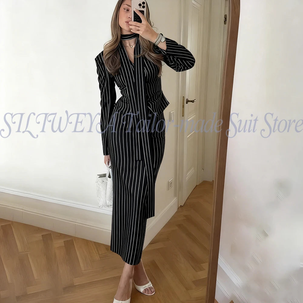 Single Breasted Blue Striped Blazer Skirt Set for Women
