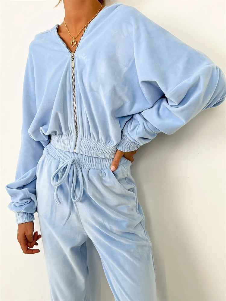 Hooded Zipper Hoodie and Trouser Tracksuit Set for Women