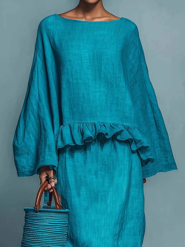 O Neck Long Sleeve Two Piece Maxi Skirt Set for Women