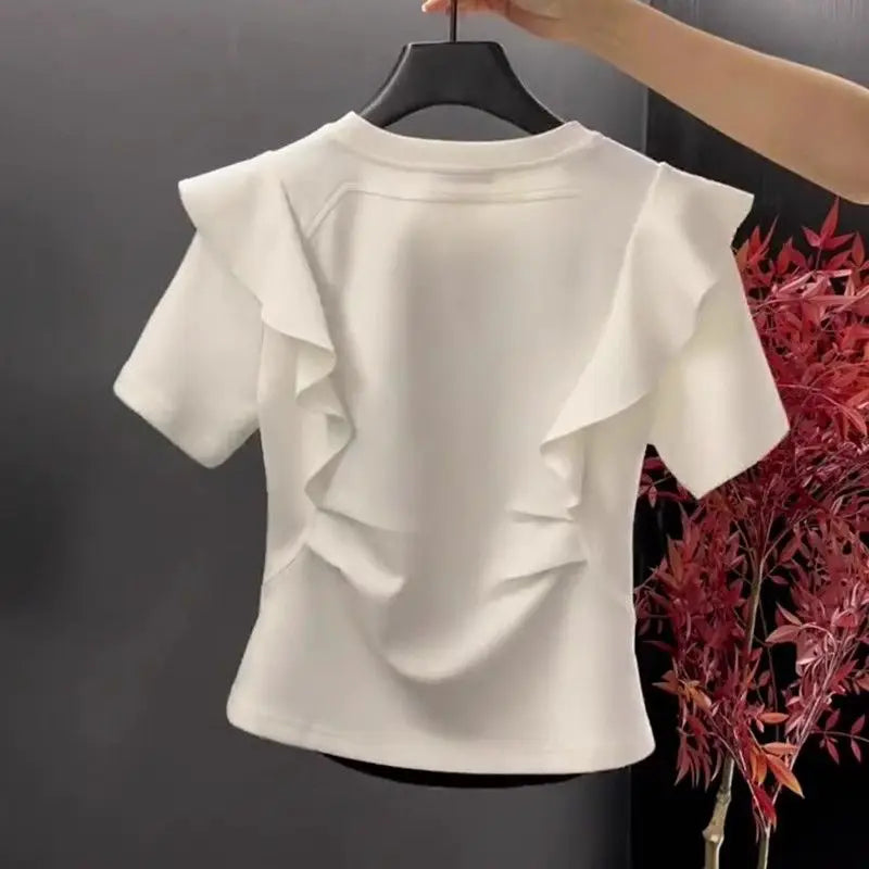 French style fashion ruffled three-dimensional disc color block T-shirt short sleeve women's summer new patchwork casual top