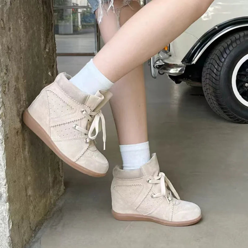 Brand Frosted Splicing Sneakers Women Fashion Versatile Casual High-top Shoes Inner Height Increase Textured Design Casual Shoes