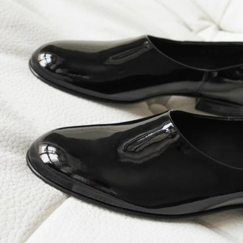 Low Heel Slip On Patent Leather Round Toe Pumps for Women