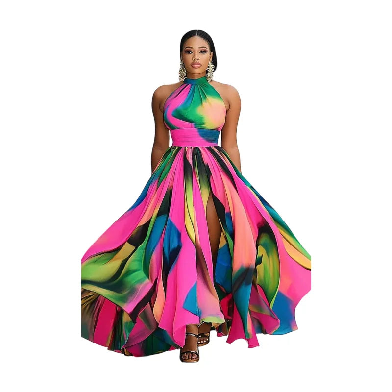 Women Halter Neck Printed Maxi Dress With High Front Slit For Runway Show Formal Evening Prom And Vacation Occasion