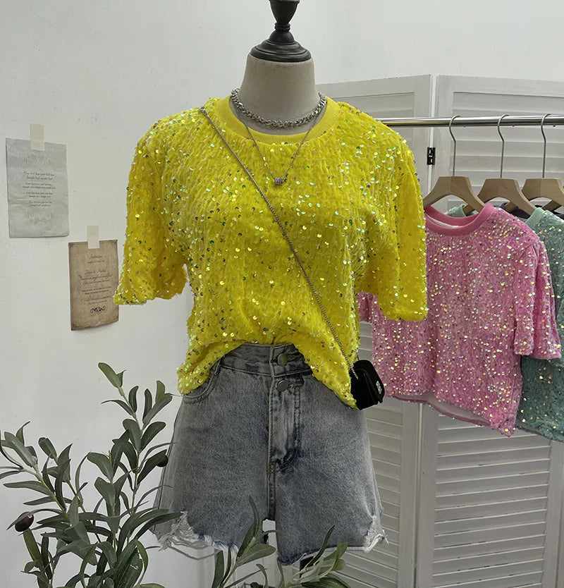 Spicy Girl Pink Sequins Short Sleeve T-shirt Round Neck Slimming Crop Top Blingbling Sexy Nightclub Multi Color Casual Tees