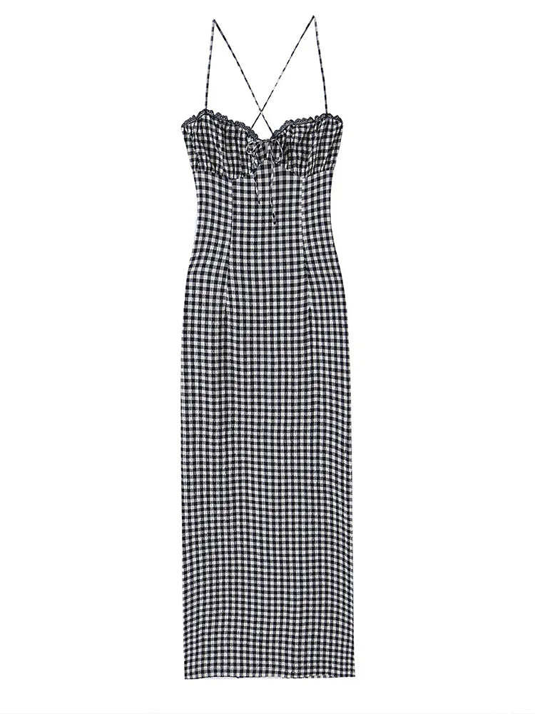Gingham Lace Trim Spaghetti Strap Midi Dress for Women