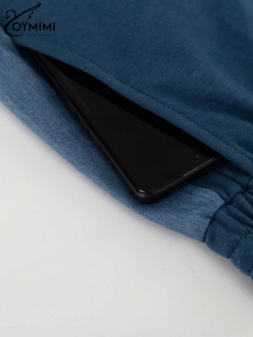 Oymimi Casual Blue Patchwork Sets For Women 2 Pieces O-Neck Long Sleeve Blouse And Drawstring Straight Sweatpants Set Streetwear